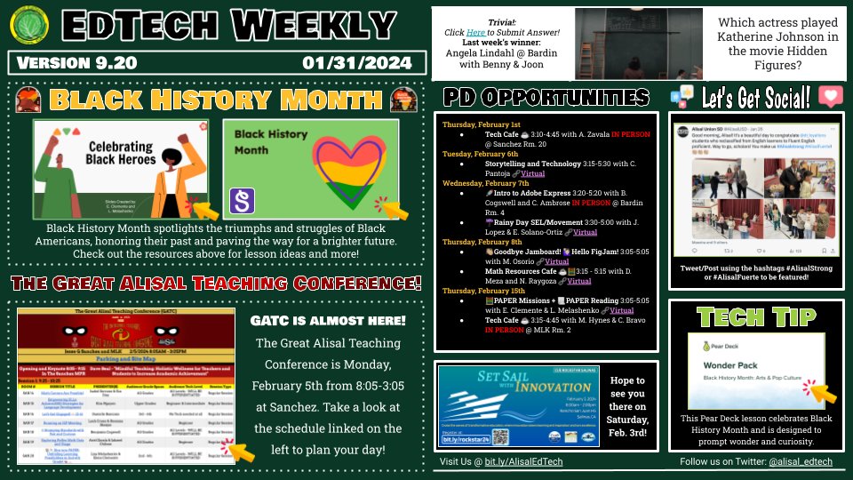 Good morning Alisal! In this week's EdTech Weekly you will find resources for Black History Month🖤❤️💛 💚, the GATC 2024 schedule🗓️, PD opportunities💻, and more! #AlisalStrong #AlisalFuerte bit.ly/AlisalWeekly