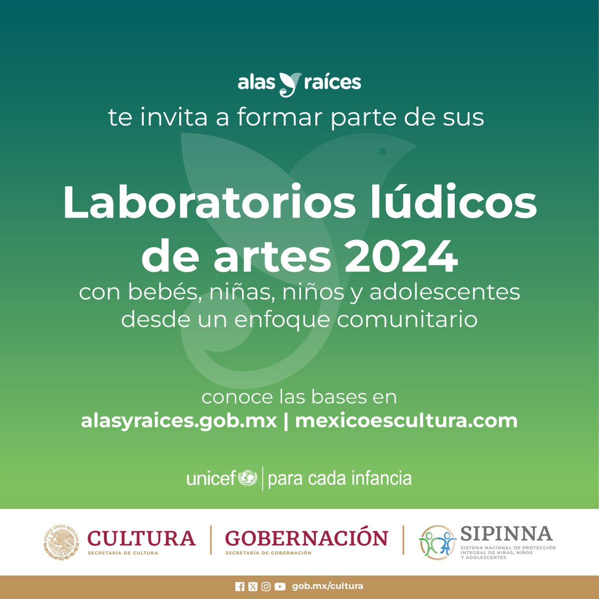 👶<a href="/SIPINNA_MX/">Sipinna</a> y el acompañamiento de
<a href="/UNICEFMexico/">UNICEF México</a> invitan a formar parte de los Laboratorios lúdicos de artes 2024.    

🔗alasyraices.gob.mx/laboratorios-l…