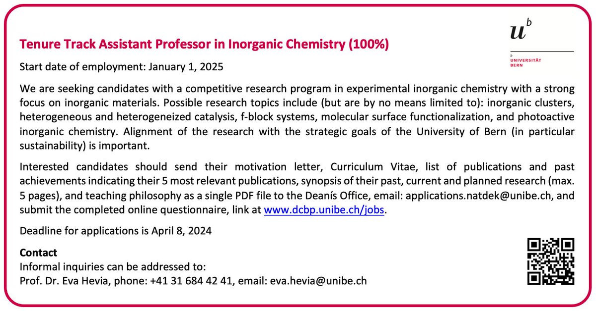 📢Job offer: Tenure Track Assistant Professor in Inorganic Chemistry (100%) @DCBPunibern Start: January 1, 2025 Application: dcbp.unibe.ch/ueber_uns/team…