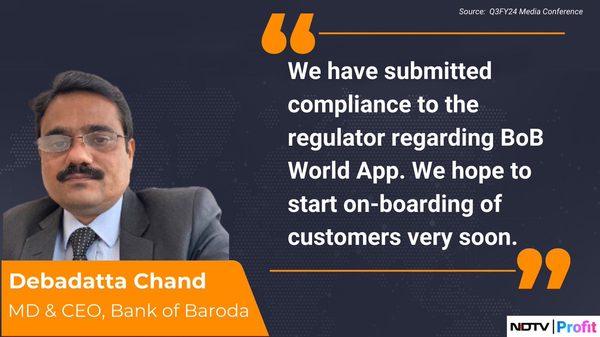 NDTVProfitIndia's tweet photo. #BankofBaroda's MD & CEO Debadatta Chand on #BoBWorldApp.
Read: https://t.co/d0F4mtMPDu https://t.co/RwUF4jKxzn