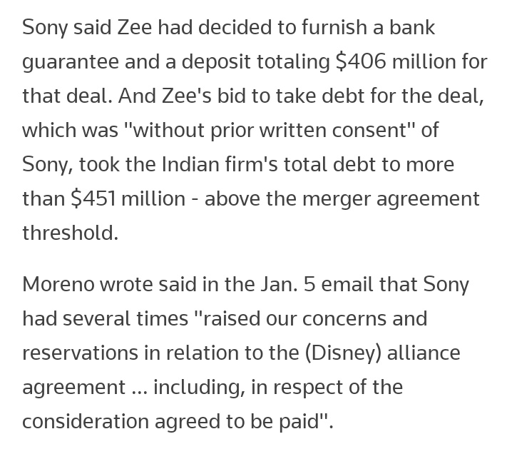 IndianSportsOTT's tweet photo. Now this is interesting... One of the reasons behind Sony-ZEE merger being called off is being said to be the debt that ZEE took to pay for the ICC events' TV rights deal with Disney & that too without any prior written consent from Sony!
From Reuters👇
#SonyZEE https://t.co/f2H0Cr4K7i