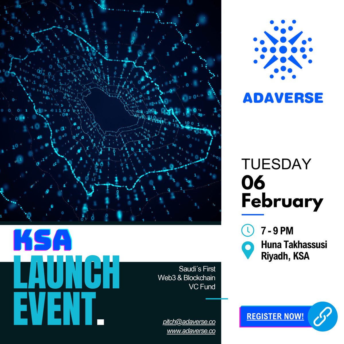 🎉 Join the Adaverse Saudi Launch Event! 🌟 Be part of the launch of Saudi's first Web3 & Blockchain VC fund, embracing #Vision2030 with visionaries, dignitaries, and innovators. 📅 Feb 6, 2024 📍 Huna Takhassusi, Riyadh 🕖 7-9 PM AST RSVP:lu.ma/wuxtoz27