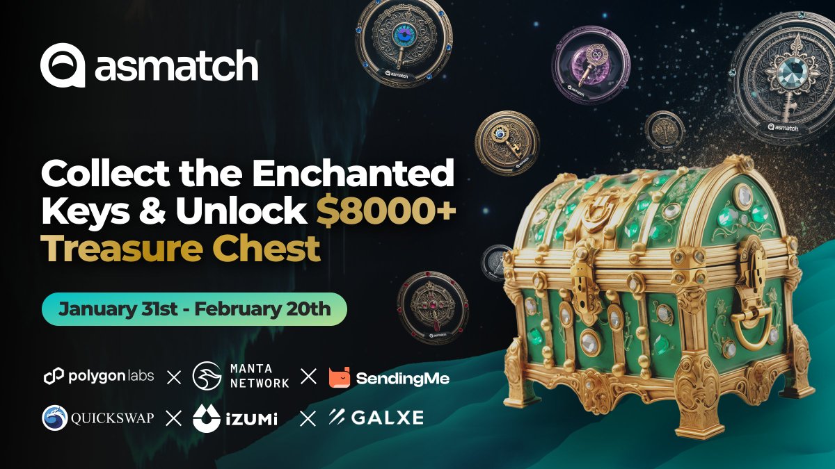 AsMatchApp's tweet photo. A legendary treasure chest filled with $8000+ worth of $ASM and $MANTA awaits, but its secrets are locked away.

Your mission? Recover the eight enchanted keys scattered across the world to unlock the treasure inside. 🎁

Begin your adventure:
https://t.co/XNH0nvicVU https://t.co/yWveIZLoR3