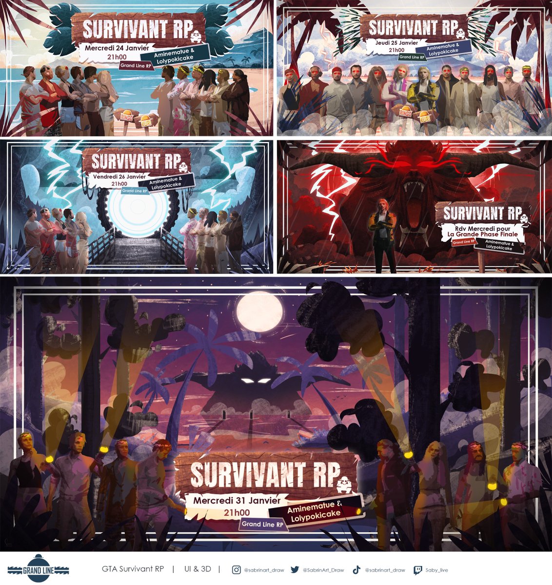 Je suis heureuse de vous présenter les affiches que j'ai réalisé pour le #SurvivantRP organisé par <a href="/AmineMaTue/">Amine 😞🌧</a> et <a href="/loly_mohasey/">LolyPokicake</a> sur #twitch .

Un merci à <a href="/postbadonn/">DONNNN</a> de sa confiance pour cette mission ainsi qu'à Loly. ✨

N'hésitez pas à suivre les post sur <a href="/GrandLineServ/">Grand Line</a>