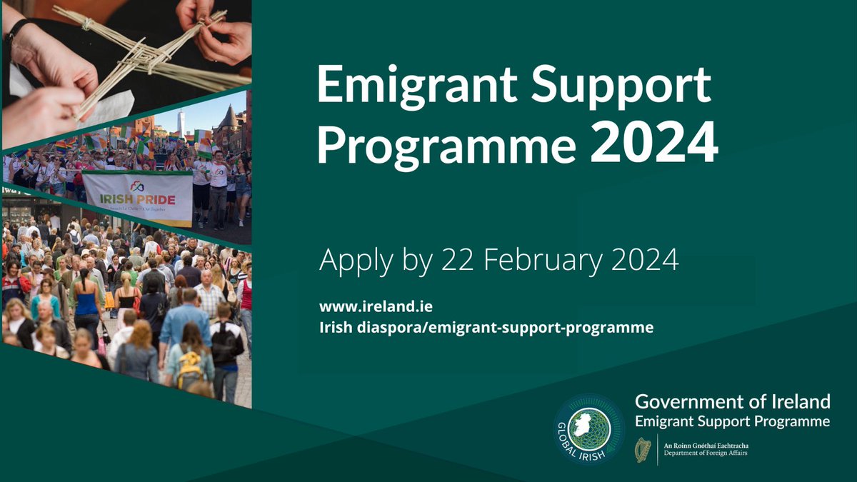 Ambassador of Ireland to Chile, Peru & Ecuador (@irlambchile) on Twitter photo Calling the <a href="/GlobalIrish/">Global Irish ☘</a> community in 🇨🇱 🇵🇪 🇪🇨!
We are pleased to announce the imminent opening of the Emigrant Support Programme 2024/25. 🇮🇪🌎
Applications accepted from 1 February 2024 to 5.30pm (local time) on 22 February 2024.
More info here: ireland.ie/en/irish-diasp… Calling the <a href="/GlobalIrish/">Global Irish ☘</a> community in 🇨🇱 🇵🇪 🇪🇨!
We are pleased to announce the imminent opening of the Emigrant Support Programme 2024/25. 🇮🇪🌎
Applications accepted from 1 February 2024 to 5.30pm (local time) on 22 February 2024.
More info here: ireland.ie/en/irish-diasp…