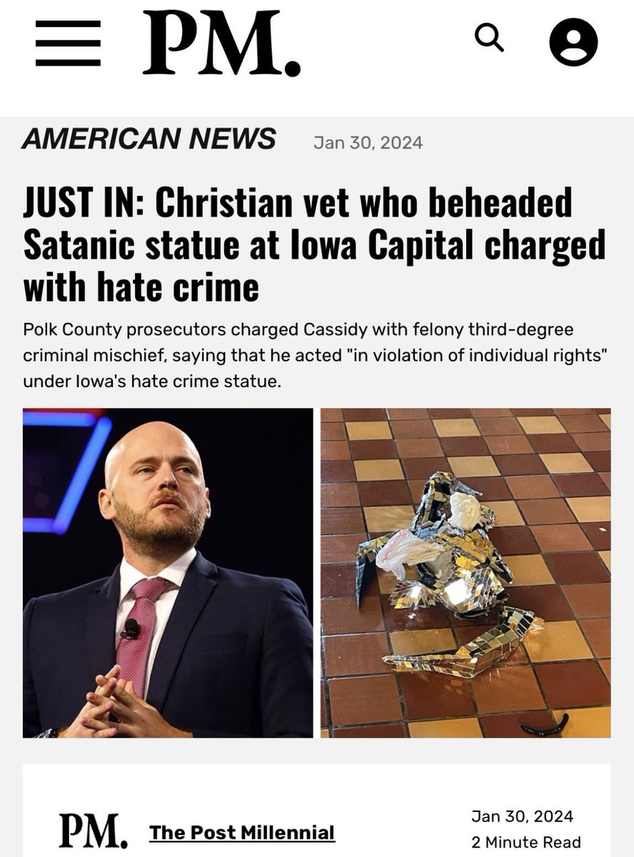 If you tear down a statue of Thomas Jefferson, you’re seen as a progressive hero and the government won’t touch you.

If you tear down a satanist statue, you’ll get charged with a hate crime.

Our country is ridiculous.