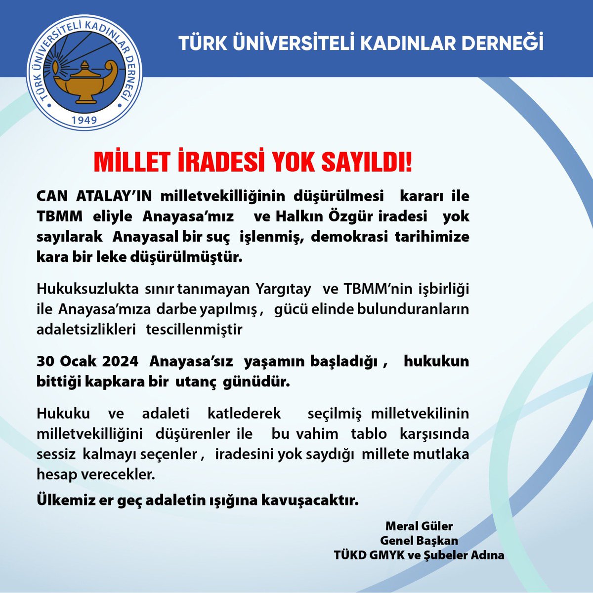 Can Atalay’ın milletvekilliğinin düşürülmesi kararı ile TBMM eliyle Anayasa’mız ve Halkın Özgür iradesi yok sayılarak Anayasal bir suç işlenmiş, demokrasi tarihimize kara bir leke düşürülmüştür.

#anayasamasahipçıkıyorum
#yasalaradokunmauygula
#vekilimizcanatalay
#canatalay