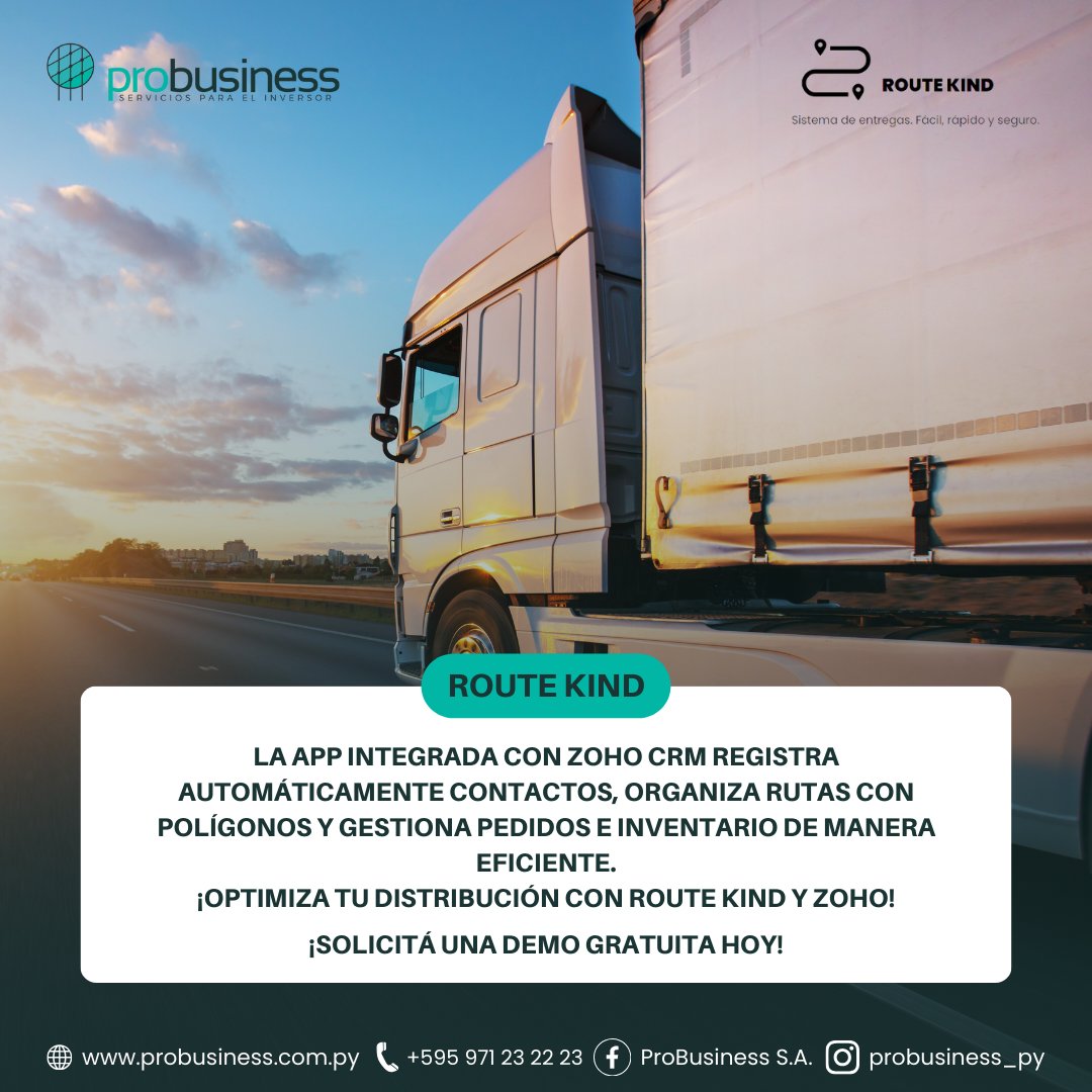 ProBusinessPY's tweet photo. ¡Optimiza tu logística y reparto empresarial con la integración perfecta de Route Kind y Zoho CRM! 🚀 
Contáctanos para más información https://t.co/OVC16Y4BnA