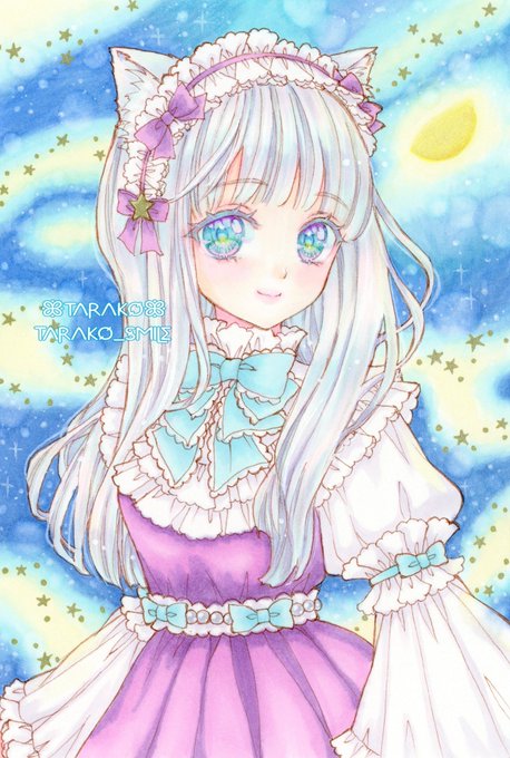 #月猫のワルツ展『半月half moon』月夜の白猫ちゃん描きました#アナログ絵 