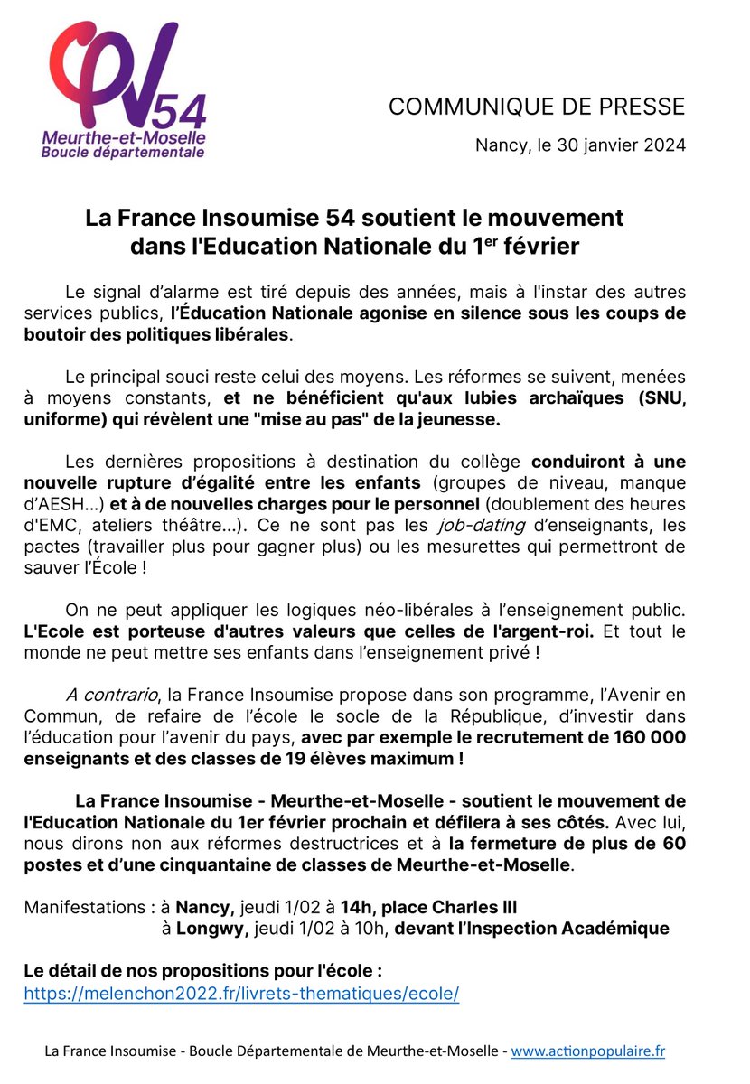 Le communiqué de LFI54 de soutien mouvement dans l'EN : 
2 manifestations demain jeudi 1/02 dans le dpt :
- à Nancy, à 14h, place Charles III
- à Longwy, à 10h, devant l’Inspection
Nos propositions pour l'école :
melenchon2022.fr/livrets-themat…