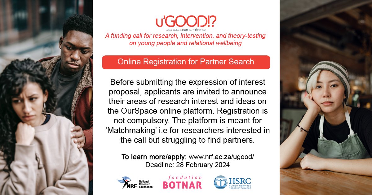 Researchers interested in the u’GOOD call for expression of interest can register on the OurSpace platform to find research partners. Follow the link to the u’GOOD page to access OurSpace and learn more about the call: nrf.ac.za/ugood/ 

<a href="/NRF_News/">National Research Foundation of South Africa</a> <a href="/FondationBotnar/">Fondation Botnar</a>
