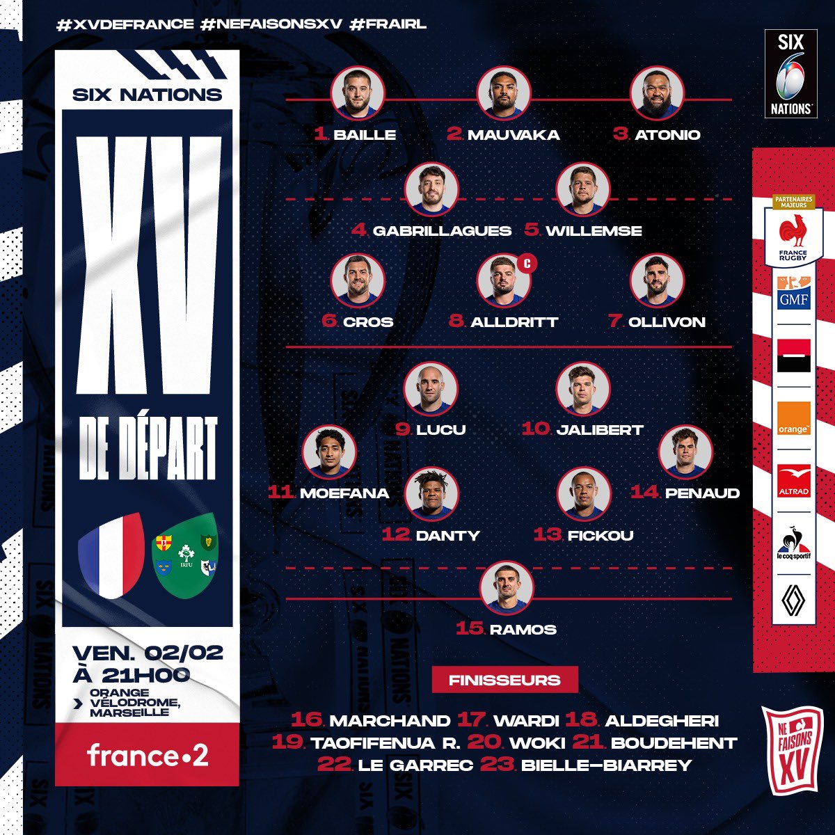 CompoRugby's tweet image. 🇨🇵 @FranceRugby - @IrishRugby ☘️

⏱️ Vendredi, 21h
📺 France 2
🏟️ Vélodrome, Marseille 

#GuinnessSixNations #FRAIRL