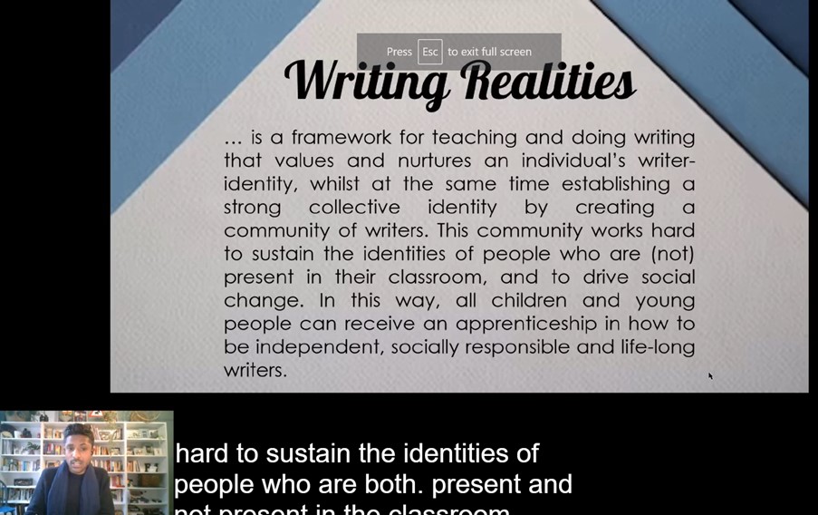 TheWritingWeb's tweet photo. Fascinating to hear @navangovender1 introducing the #WritingRealities Framework, including the empowering potential of being a writer at today's Primary English Conference. #MyVoiceMyWriting 🙌🏾
#WritingRocks https://t.co/YMYgmEPJnO
