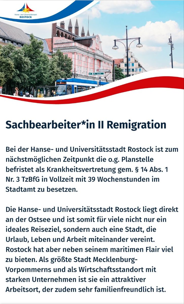 Du suchst eine neue Herausforderung? Du willst bei der #Remigration unterstützen? Dann bewirb Dich & entscheide u.a. über #Abschiebung oder auch Rückkehrberatung. #Rostock Für ALLE, auch die politisch-mediale Klasse, geht's hier zur Stellenausschreibung: karriere.rostock.de/jobposting/d42…