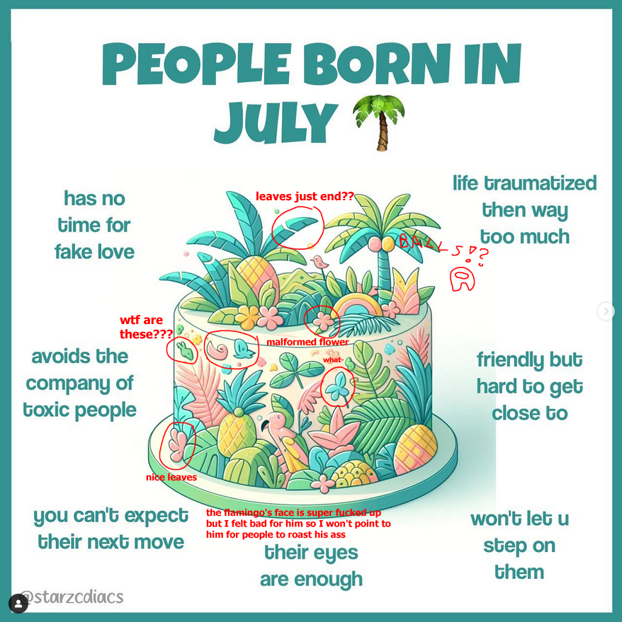 LupinaBella's tweet photo. the zodiac cake trend that every VTuber is doing right now is AI and here is why: 😶🧵

- "creator" never posts artist credit
(+ most of their other posts are AI generated)
- weird spots that don't make sense
- reverse image search doesn't find them

more examples in comments 🔻 https://t.co/mPEzxlcxhv