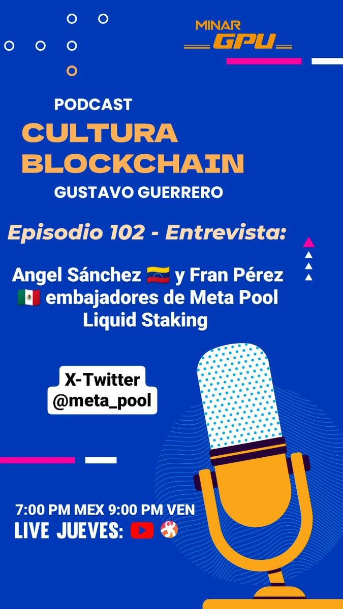 minargpu's tweet photo. Mañana en el #podcast de Cultura Blockchain, entrevista a los embajadores de @meta_pool liquid staking. Como siempre en #YouTube jueves🚀💯🖥️ https://t.co/cw5PzPvB9E