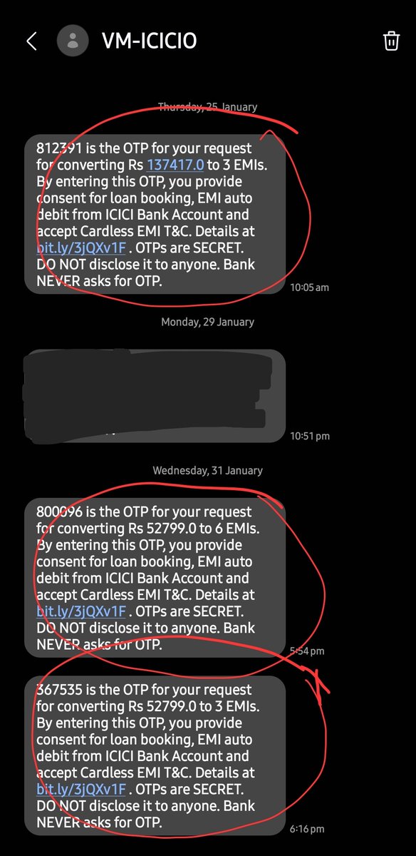 theanukram's tweet photo. @ICICIBank @ICICIBank_Care I am receiving below text messages from ICICI asking OTP for converting loan to EMI etc. However, I have no such loans. Kindly check. https://t.co/kVXl68CTtK