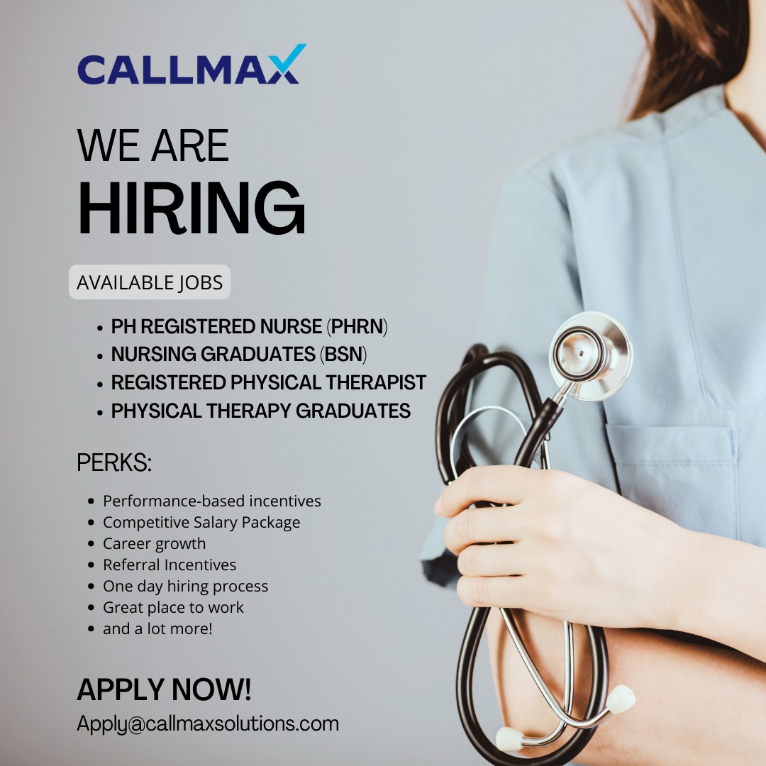 callmaxph's tweet photo. We have immediate openings for Physical Therapy and Nursing Graduates. One Day Hiring Process!
A bigger and better career opportunity awaits YOU here @callmaxph 

Send a copy of your updated resume to Apply@callmaxsolutions.com to submit your application online. https://t.co/KVrN9vW66A