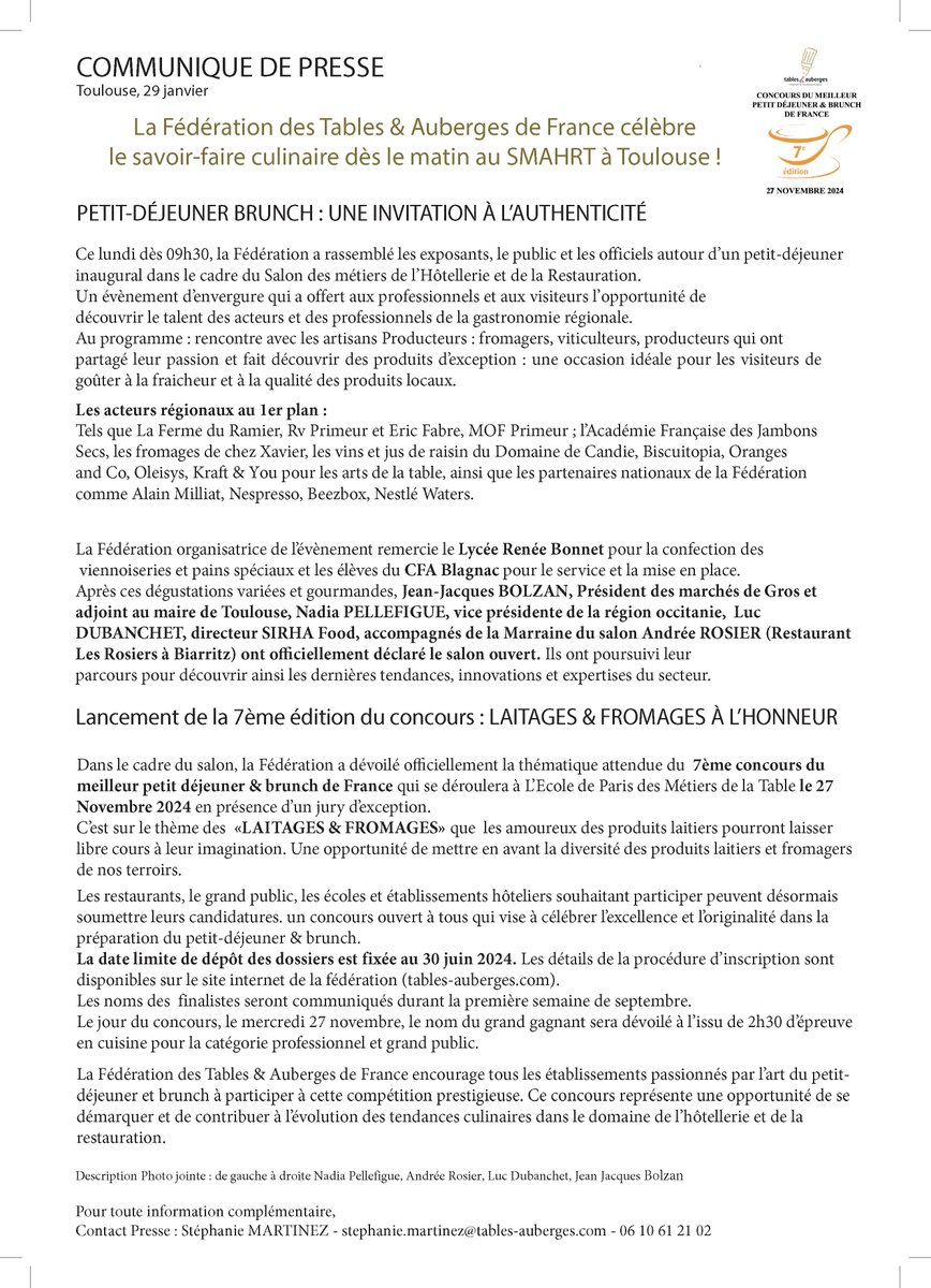 COMMUNIQUÉ DE PRESSE - PETIT DÉJEUNER INAUGURAL DU SMAHRT TOULOUSE 2024 🥐☕️