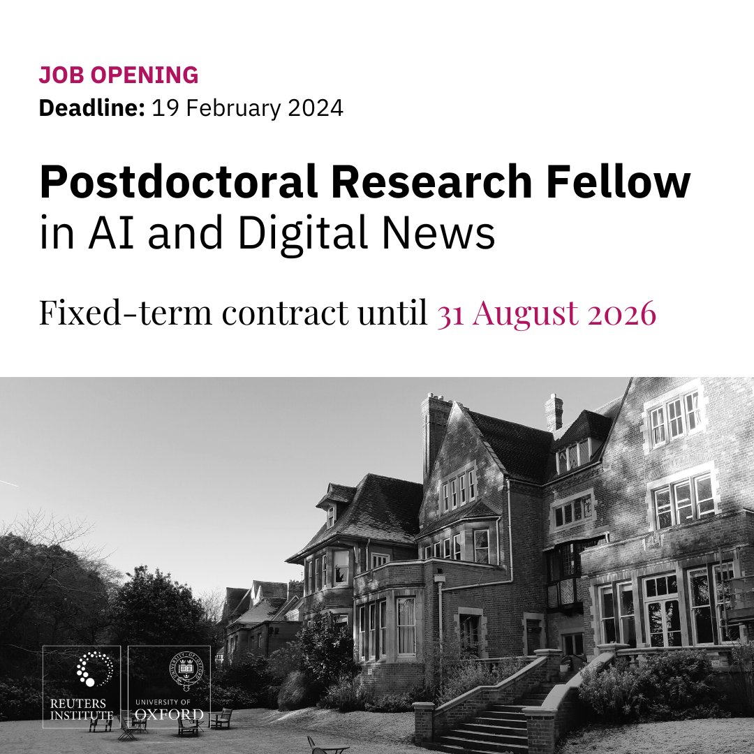 📢We are hiring 💡We are looking for a post-doctoral researcher to work on a new project to advance our understanding of how journalism and news use are changing in light of new developments in AI. ⌛️One week to apply: 19 Feb 2024 📋Details: reutersinstitute.politics.ox.ac.uk/job-vacancies