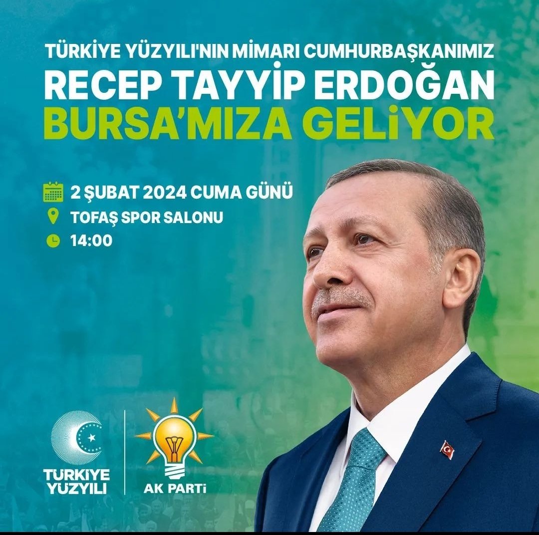 Türkiye Yüzyılı mimarı Cumhurbaşkanı Sayın @RTErdogan Bursa'mıza geliyor... 🗓️ 2 Şubat cuma günü 🕑 14:00'da 📍Tofaş Spor Salonu'nda Hep birlikte olalım...