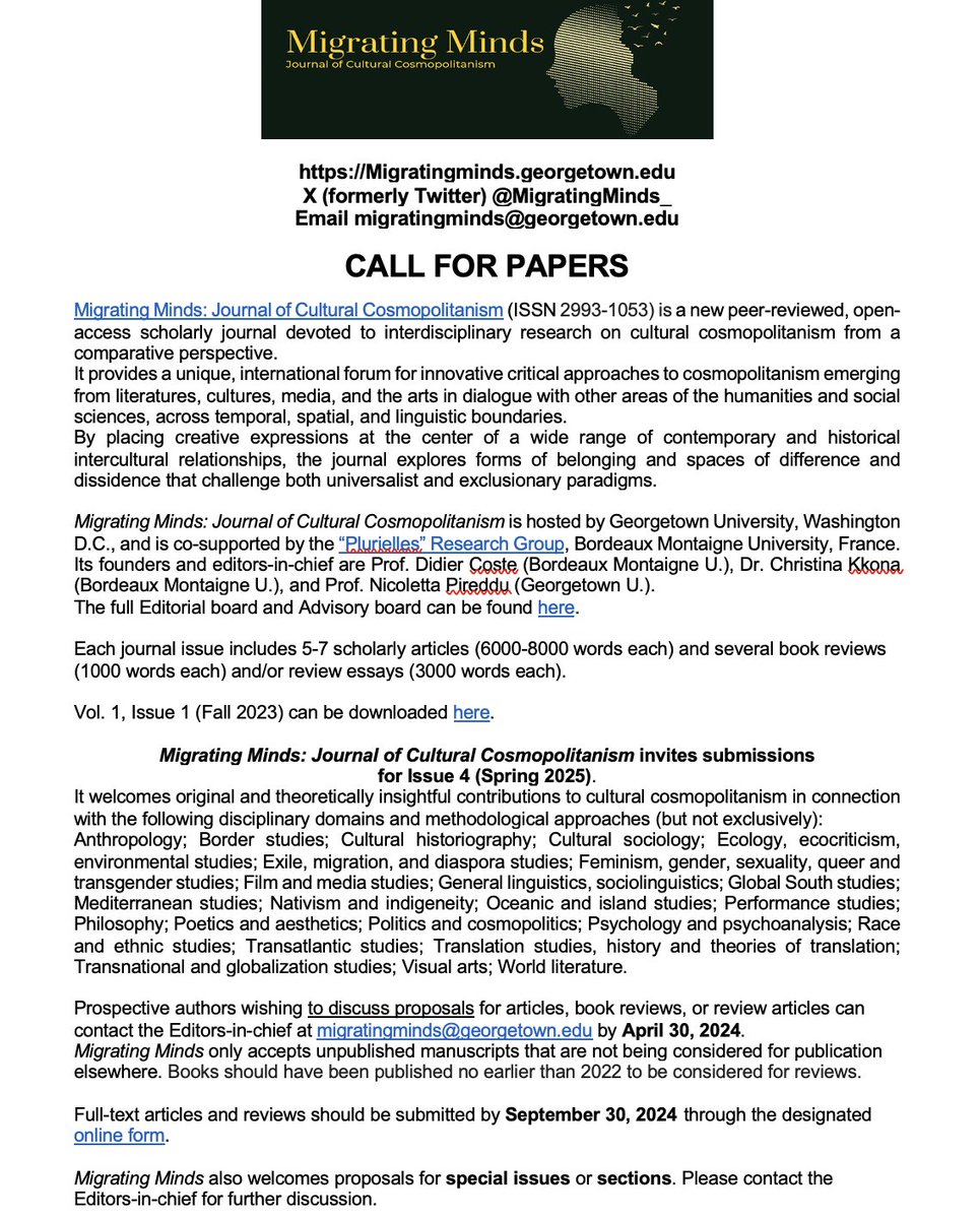 @MigratingMinds_ invites submissions for its Spring 2025 issue (proposals by April 30, 2024; full-text submissions by September 30, 2024). The journal also considers proposals for articles, book reviews, review articles, special issues/sections on a rolling basis. 👇