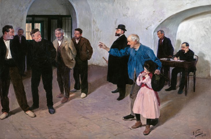 'El  sátiro', del pintor Antonio Fillol Granell (Valencia, 1870-Castellnovo, Castellón, 1930).

Nos muestra una rueda de reconocimiento en la que una niña, acompañada de su abuelo, identifica a su violador.
Obra censurada durante mucho tiempo por ser considerada inmoral.
