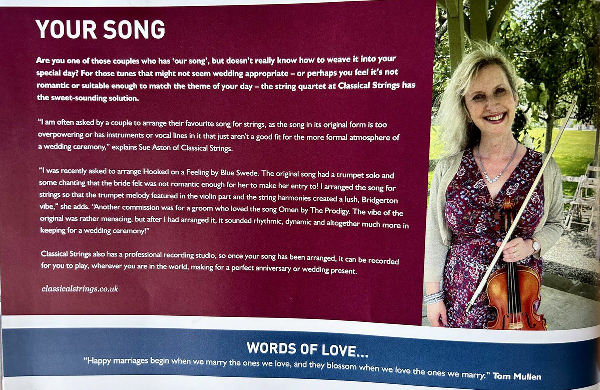 classicstrings's tweet image. I was so thrilled to have a feature in @WEDMAGAZINE about my string arranging! I love the challenge of creating a string arrangement of a song that you wouldn’t imagine being played by a string quartet!
#weddingideas #weddingsong