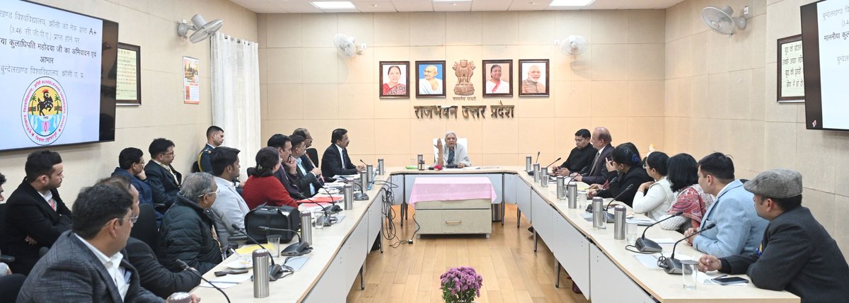 GovernorofUp's tweet photo. राज्यपाल एवं कुलाधिपति श्रीमती आनंदीबेन पटेल ने आज यहाँ राजभवन में हाल ही में नैक मूल्यांकन में ‘ए प्लस‘ ग्रेड प्राप्त बुंदेलखण्ड विश्वविद्यालय, झांसी के कुलपति प्रो0 मुकेश पांडेय तथा नैक तैयारी के लिए गठित विश्वविद्यालय की टीम के सभी सदस्यों को प्रशस्ति-पत्र देकर सम्मानित किया https://t.co/MSbCI3jvRn