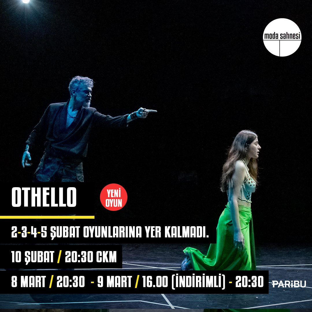 Othello 2-3-4-5 Şubat oyunlarına yer kalmadı. 10 Şubat, 20.30 - CKM 8 Mart, 20.30 - 9 Mart, 16.00 (İndirimli) - 20.30 @canercindoruk @ilayerkok @k_aydogan Bilet almak için🔻 biletinial.com/tr-tr/tiyatro/… #othello #canercindoruk #modasahnesi