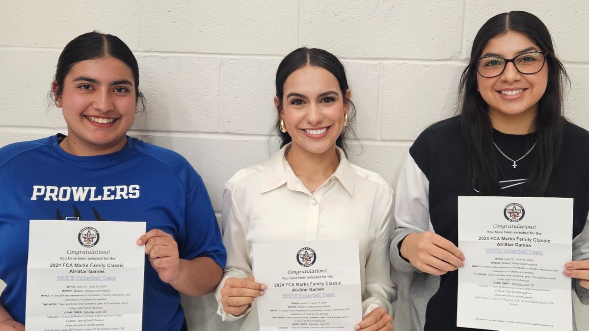 Prowlervball23's tweet photo. Seniors Aryanna Gonzalez, Ivanna Ortiz, & Amaya Urias have been selected for the 2024 FCA Marks Family Classic All-Star Volleyball Game!!! 🙌🏐 We are so proud of y'all!!!! @thecoachhickman @FortStocktonISD @fortstocktonfb @PermianBasinFCA https://t.co/igKrHx1VqW