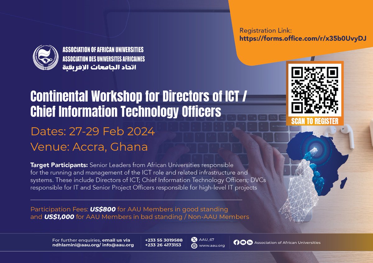 Calling on all African University #ICT Leaders to join in for the Continental Workshop for Directors of ICT / Chief Information Technology Officers from 27-29 Feb 2024 in Accra, Ghana. Strengthen your skills in #AI, #cybersecurity, #cloudcomputing, and more! Register now:…