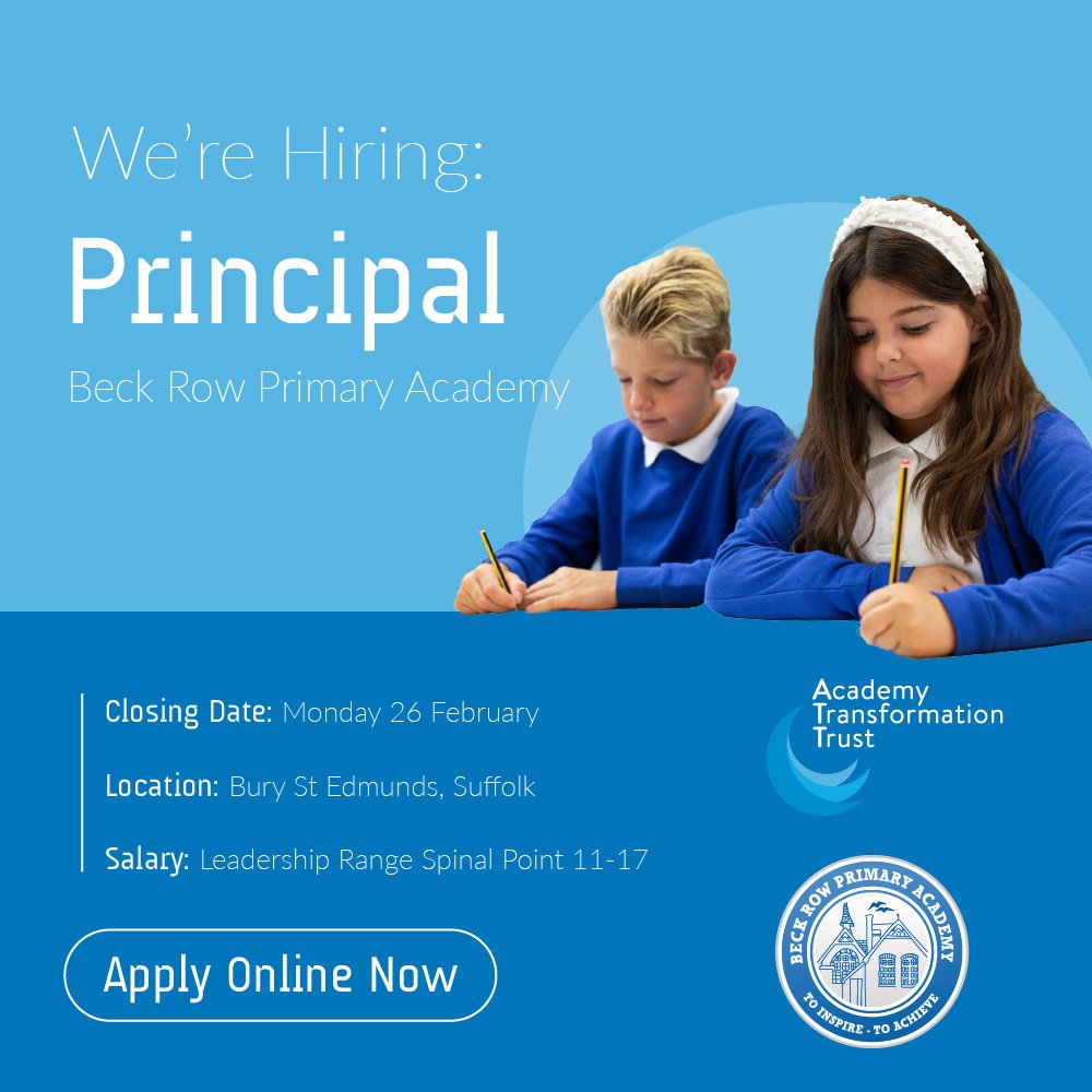 We're searching for a highly motivated and experienced Principal to lead our Ofsted Good @BeckRowAcademy through the next stage of its journey! Think you're right for the role? Find out more: eteach.com/careers/academ… #edujobs #headteacherjobs #suffolk #Principal
