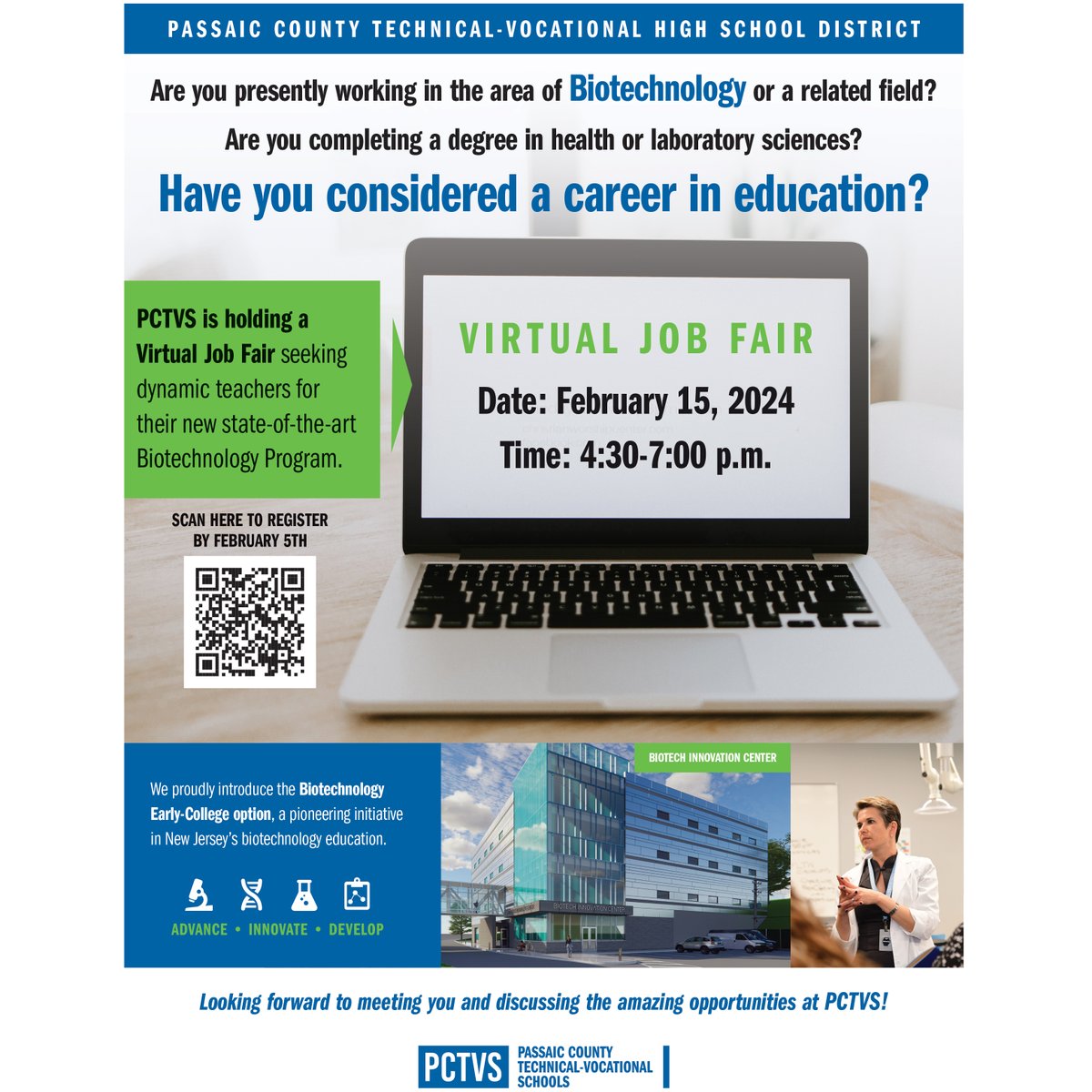 PCTVS is holding a Virtual Job Fair seeking dynamic teachers for their new state-of-the-art Biotechnology Program on February 15th | 4:30-7:00 pm.