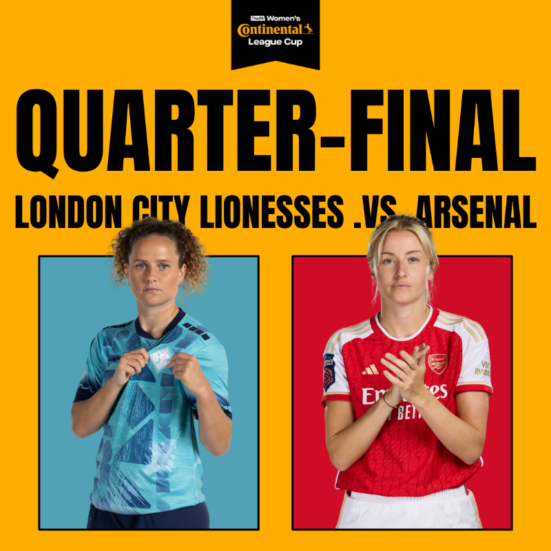 LC_Lionesses's tweet photo. Your London City Lionesses will host Arsenal in the #ContiCup Quarter-Finals at 7pm on Wednesday 7 February.

Tickets will be placed on General Sale at 6pm today, with all tickets sold via our website. 

#ThePride, we’re all in.