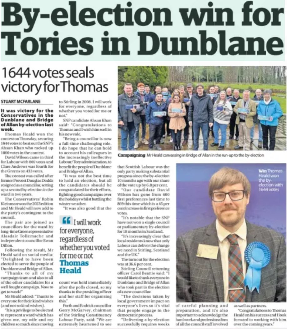 Thanks to the @StirObserver for covering my by election victory. I’m already hard at work standing up for the people of Dunblane and Bridge of Allan and will continue to do so.