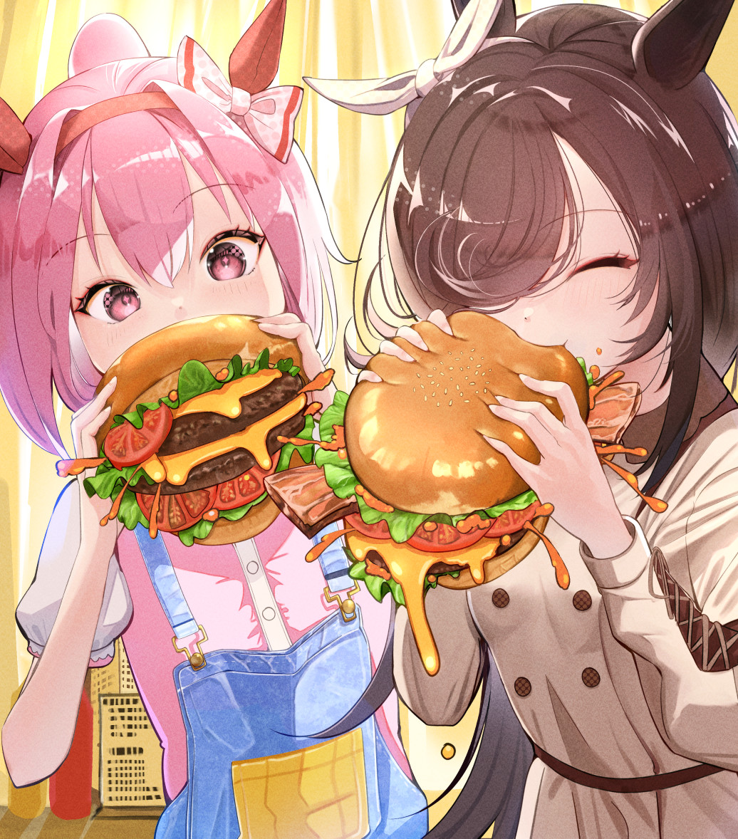 haru urara (umamusume) ,rice shower (umamusume) food multiple girls 2girls horse ears animal ears overalls burger  illustration images