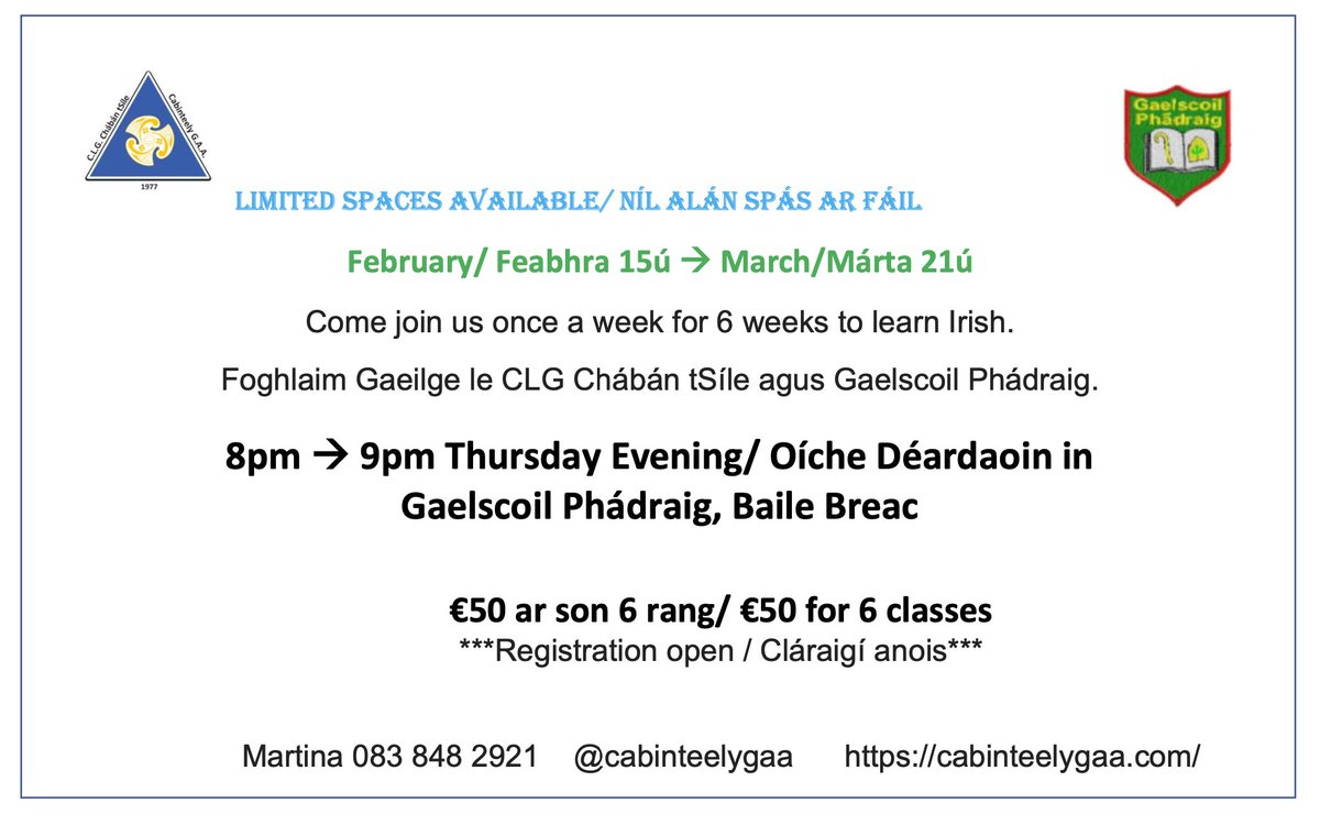 Open Enrollment! Irish language classes kick off on February 15th, running Thursdays from 8 pm to 9 pm.
