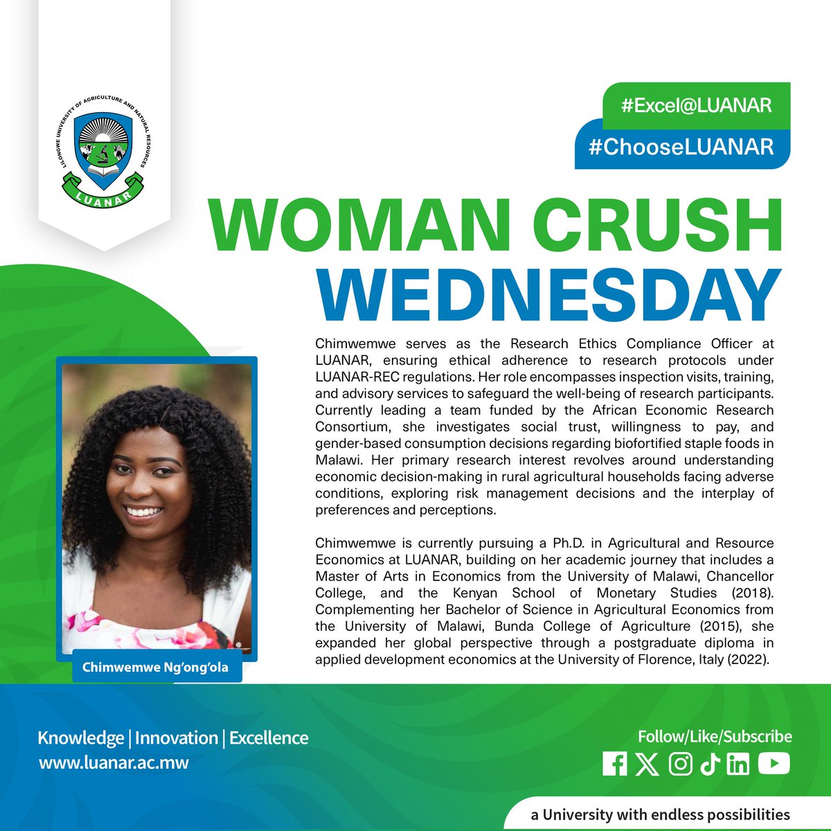 Luanarofficial's tweet photo. Meet this week's WCW 
Chimwemwe Ng'ong'ola- She's the  Research Ethics  Compliance Officer  Luanar 

#excelatluanar  #chooseluanar #WCW https://t.co/RvSw79gzGJ