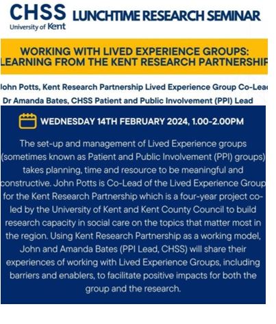 You'll LOVE our next @CHSS_Kent lunchtime research seminar 14/2/24💗 on #LivedExperience and #PPI groups! Email Sharon, S.Manship@kent.ac.uk for Teams link and find out more here! research.kent.ac.uk/chss/chss-lunc… @ResearchKent