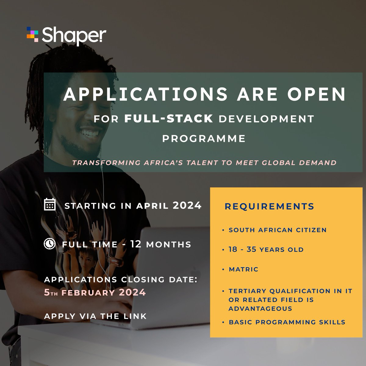 ShaperTalent's tweet image. Ready to Jumpstart your career in the exciting field of Information Technology? Our 1-year NQF 5 Full-Stack Programme is designed to give you hands-on experience and knowledge in the latest technologies and practices in the industry.
