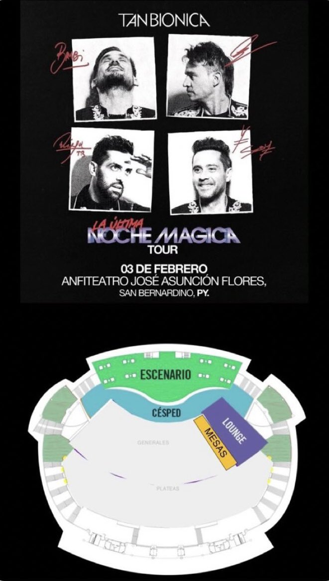 Vendo entradas para TAN BIONICA 
Césped a 400.000 Gs.