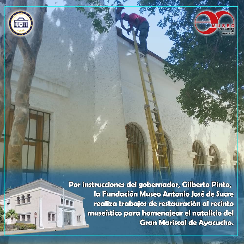 #Regionales | Por instrucciones del Gdor. @GPintoVzla , el equipo de la Fundación Museo Antonio José de Sucre, realiza trabajos de restauración al recinto museístico para homenajear el natalicio del Gran Mariscal de Ayacucho. 

<a href="/MuseoGMA/">FUNDACIÓN MUSEO GRAN MARISCAL DE AYACUCHO</a> 
#PorLasMalasNada
