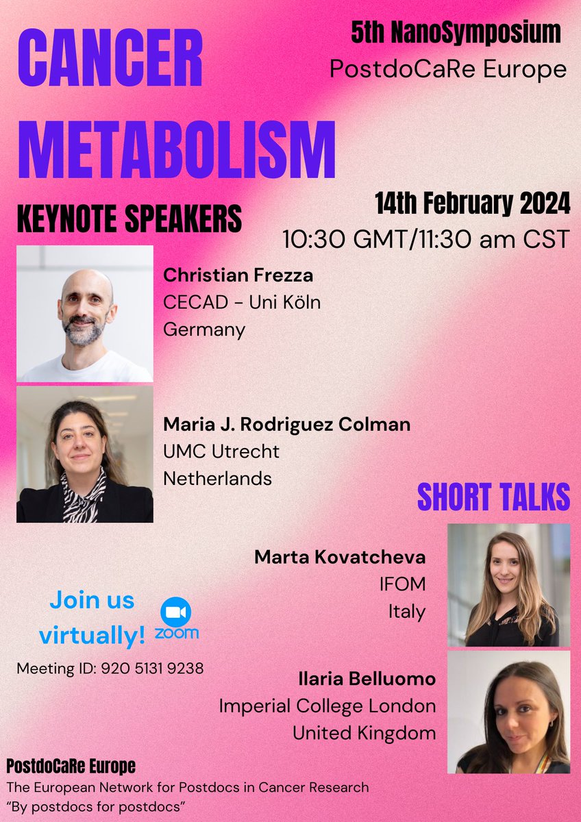 Join us for the 5th Nano Symposium, this time about #CancerMetabolism, this Valentine's Day 🥰💕! We will have 2 amazing keynotes, @FrezzaLab and @MariaRodrColman, and 2 short talks from @martakova and @Ilaria_Bell 🤩Don't miss this lovely opportunity, join us and share!