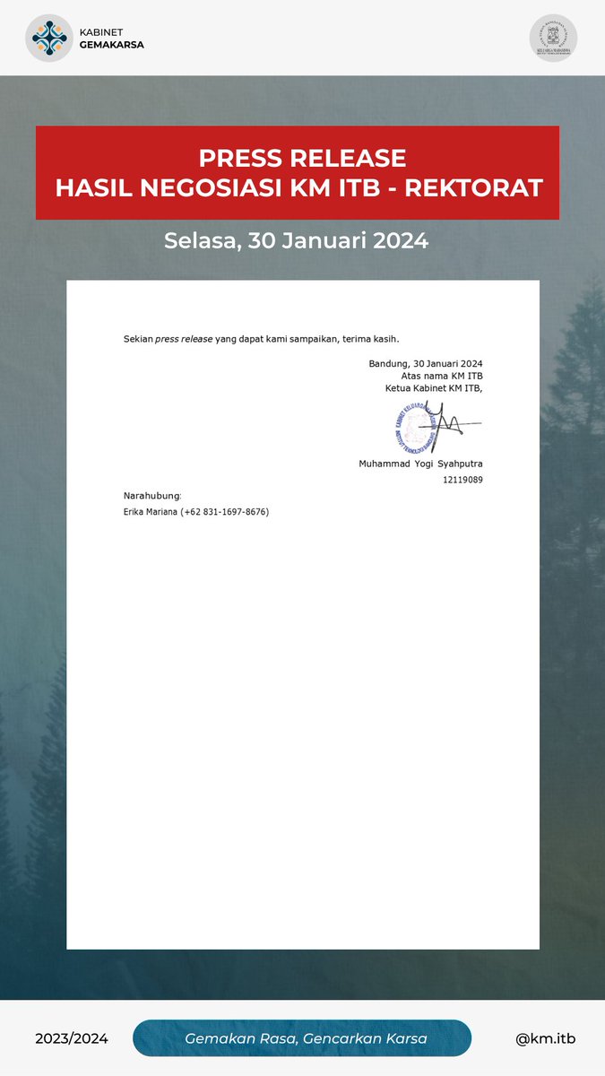 PRESS RELEASE HASIL NEGOSIASI KM ITB - REKTORAT
Selasa, 30 Januari 2024

Akses dokumen press release di sini:
bit.ly/PRNegosiasiRek…