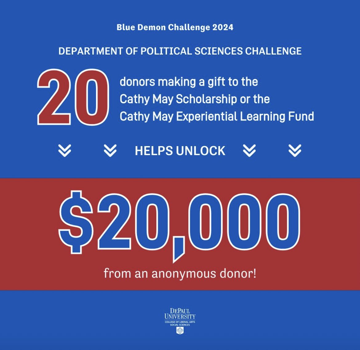 PSCDePaul's tweet photo. Today is DePaul’s Blue Demon Challenge Day! Please support our students and the Department of Political Science:

1. Help unlock $20,000 from an anonymous donor with a gift to the Cathy May Scholarship or the Cathy May Experiential Learning Fund here: https://t.co/bFJwAiQORH https://t.co/65lPrEtyEi