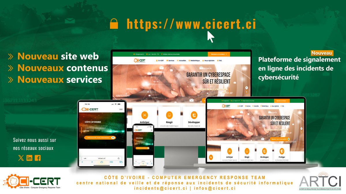 Nouvelle année, nouveaux défis, le CI-CERT change de peau... Notre nouveau site internet est désormais en ligne avec un design moderne. Visitez vite nos plateformes à l’adresse cicert.ci et signalement.cicert.ci #Cybersécurité #Actu #ARTCI #CICERT #CyberCAN23