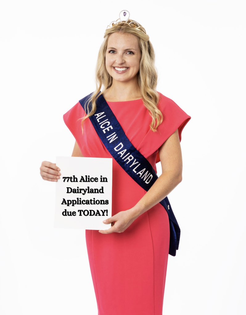 Alice_Dairyland's tweet photo. Applications for Wisconsin’s 77th Alice are due TODAY! ‼️

By 4:30 p.m. today, qualified applicants must submit application materials  to DATCPAlice@wisconsin.gov or postmark these materials to the Wisconsin Department of Agriculture, Trade, and Consumer Protection’s office! 💛👑 https://t.co/muNvCnAc1l