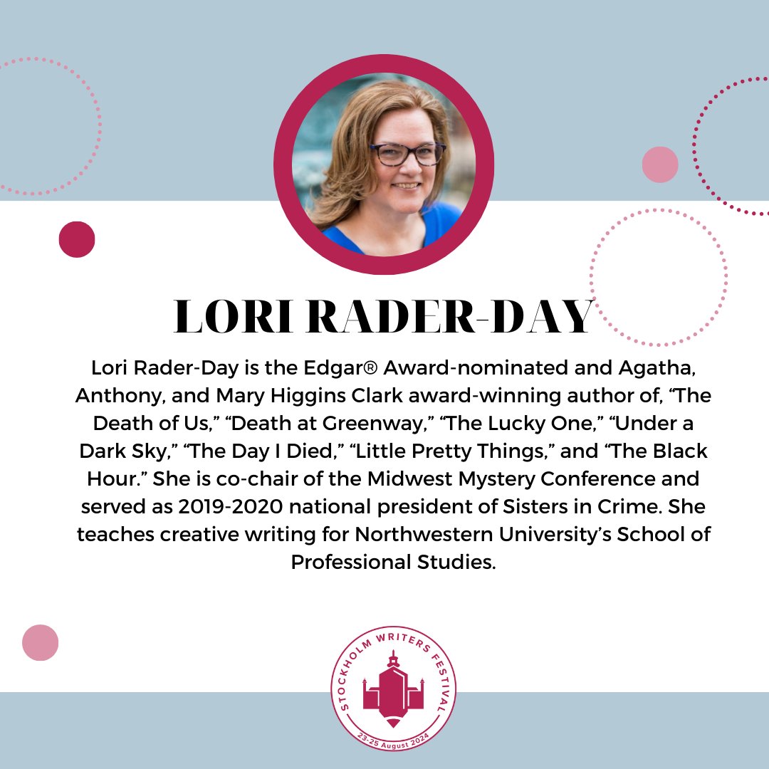 Want to up your mystery/crime writing game? Join us August 23-25, and take a session with Lori Rader-Day. She's the Edgar Award-nominated and Agatha, Anthony and Marry Higgins Clark award-winning author. #loriraderday #theluckyone #underadarksky #deathatgreenway #faculty2024