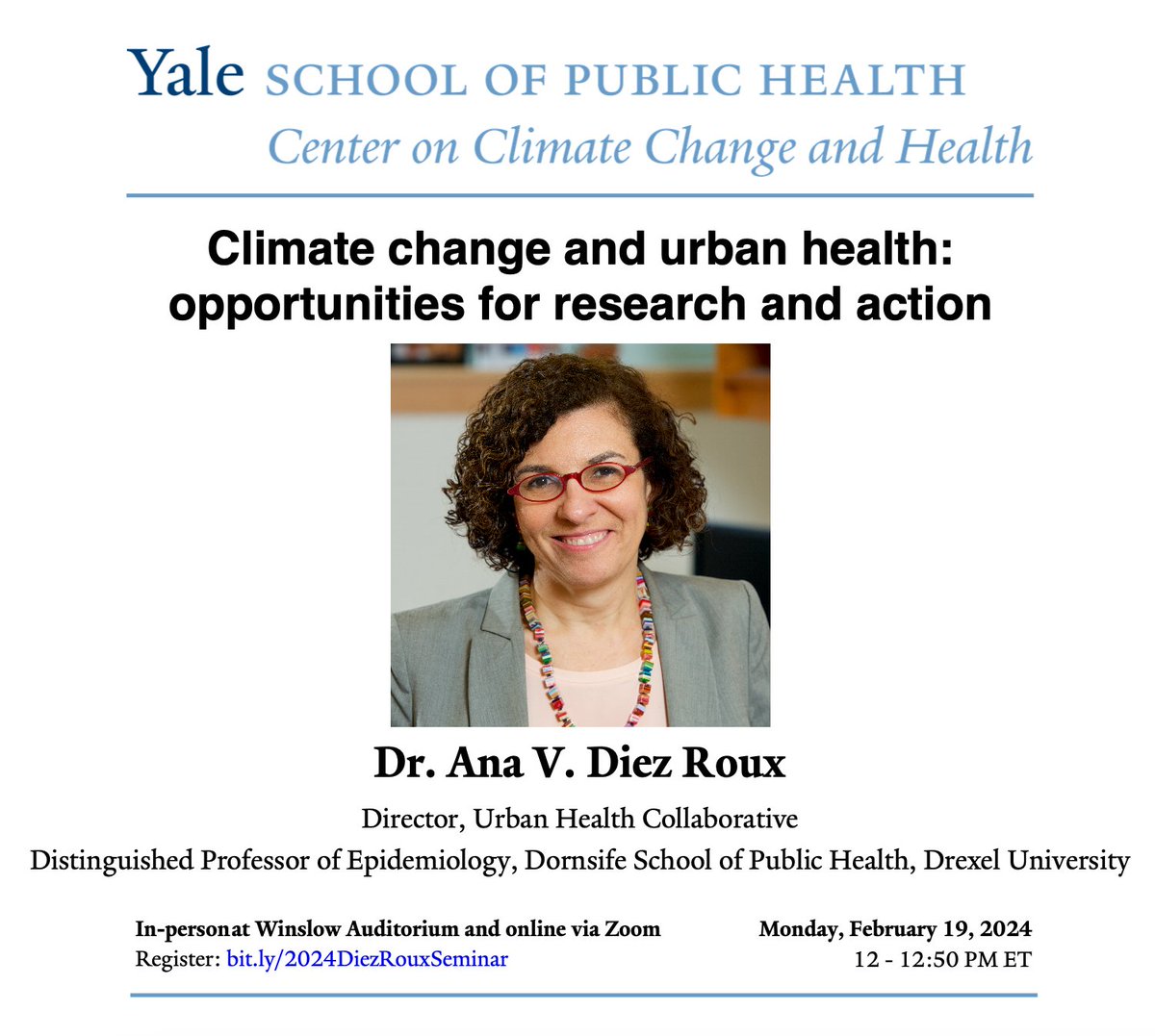 Join our #ClimateChangeandHealth Seminar on Feb. 19th at 12pm ET! 

Our featured speaker, Dr. Ana Diez Roux will deliver the lecture, 'Climate change and urban health: opportunities for research and action.'

Register here👉bit.ly/2024DiezRouxSe…

@adiezroux @drexelpubhealth